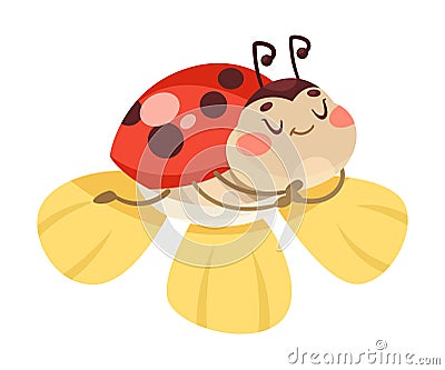 Cute Ladybug Character with Spotted Wings Sleep on Flower Vector Illustration Vector Illustration