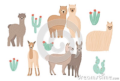 Cute Lama, Alpaca and cactuses set. Hand drawn cartoon colorful vector illustration Vector Illustration