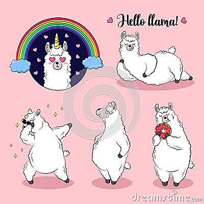 Cute lama, doodle vector illustration. Collection of cartoon characters, stickers, patches Vector Illustration