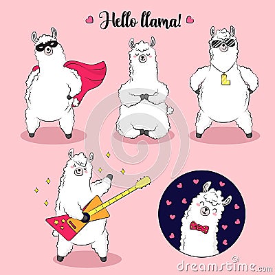 Cute lama, doodle vector illustration. Collection of cartoon characters, stickers, patches Vector Illustration