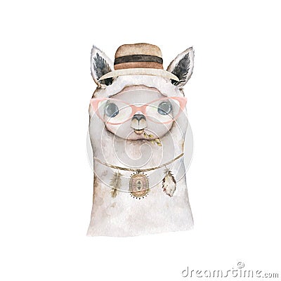 Cute Lama face with hat and glass. Childish print for fabric, t-shirt, poster, card, baby shower. Illustrtion Stock Photo