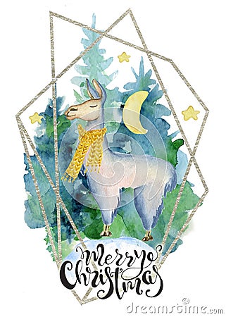 Cute lama in green scarf watercolor hand drawn merry christmas illustration Cartoon Illustration