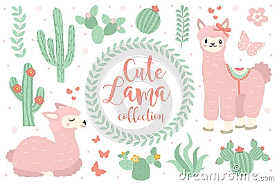 Cute lama set objects. Collection design elements with llama, cactus, lovely flowers. Isolated on white background Vector Illustration