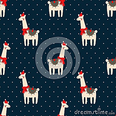 Cute lama with xmas hat seamless pattern on dark blue polka dots background. Vector Illustration