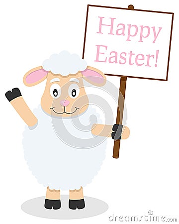 A Cute Lamb Holding Happy Easter Sign Vector Illustration