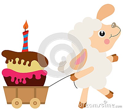 Cute lamb pulling wooden small cart with birthday cake Vector Illustration