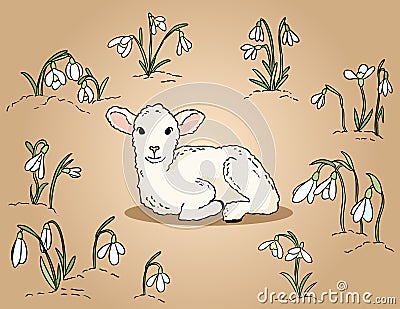 Cute lamb among the snowdrops hand drawn colorful illustration Vector Illustration