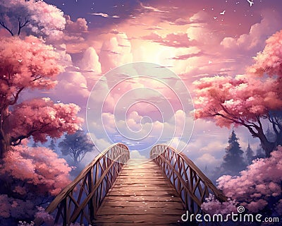 cute landscape with a fantasy bridge wood with cloud. Stock Photo