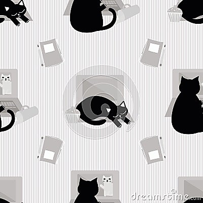 Cute laptop and cartoon cat vector seamless pattern background. Black feline interrupting business office work flow Vector Illustration