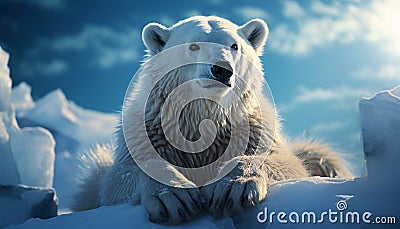 A cute, large, fluffy dog in the snowy arctic generated by AI Stock Photo