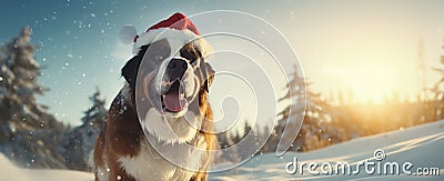 A cute large happy St. Bernard dog with a Santa's hat on sitting, waiting in the deep snow, daytime in the winter woods Stock Photo