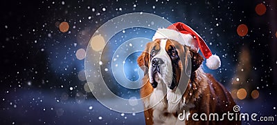 A cute large St. Bernard dog wearing Santa Claus hat. Snow is falling from the sky in a dark blurry forest. Christmas theme Stock Photo