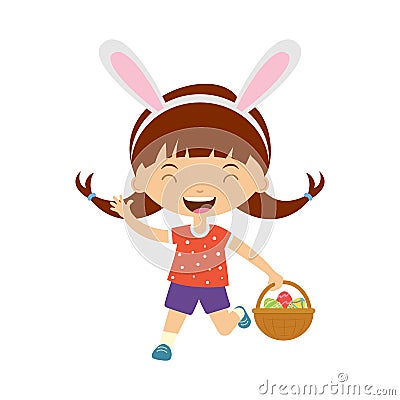 Cute laughing running girl with bunny ears holding basket with eggs. Vector Illustration