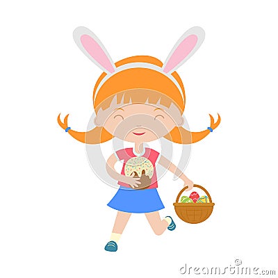 Cute laughing running girl with bunny ears holding basket with eggs. Vector Illustration