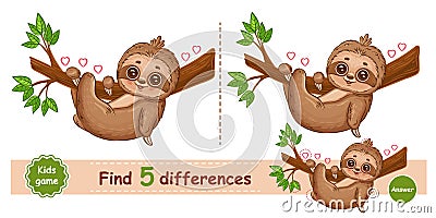 Cute lazy sloth rest hang on tree branch, find 5 difference puzzle education children game. Slow exotic animal, logic task vector Vector Illustration