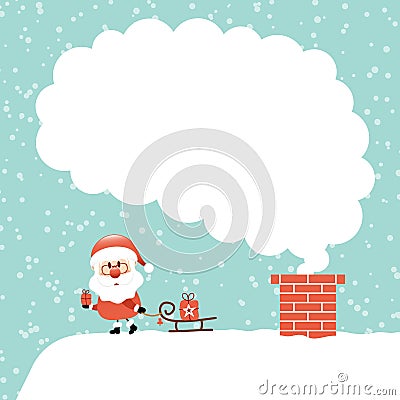 Left Standing Santa Claus With Sleigh On Roof Cloud Of Smoke Snow Turquoise Vector Illustration