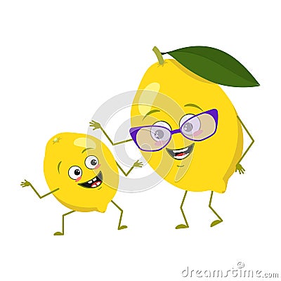 Cute lemon characters with emotions, face. Funny grandmother and grandson with arms and legs. Spring or summer Vector Illustration