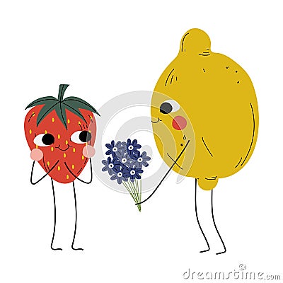 Cute Lemon Giving Bouquet of Flowers to Ripe Strawberry, Cheerful Berry and Citrus Fruit Characters with Funny Faces Vector Illustration