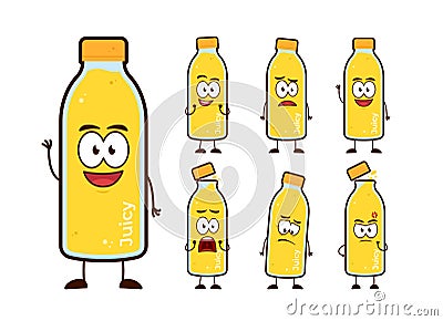 Cute lemon orange bottle juice drink cartoon character mascot set Vector Illustration