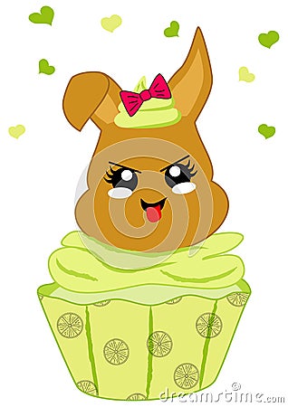 Cute lemons cupcake with bunny in kawaii style. Vector Illustration