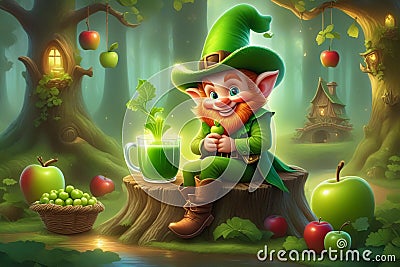 Cute leprechaun drinking green cocktail Stock Photo