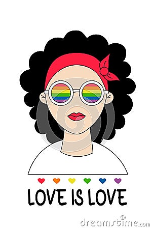 Cute lesbian girl in rainbow glasses. LGBT Pride Month. love is love. LGBTQ pride flag in rainbow colors. Human rights Vector Illustration