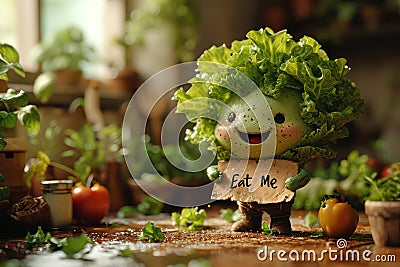 A cute lettuce smile holding a sign Eat Me. Generative AI Stock Photo