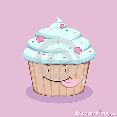 Cute licking cupcake with blue cream Vector Illustration