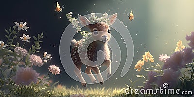 Cute lifelike gracefully jumping baby deer with flowers Stock Photo