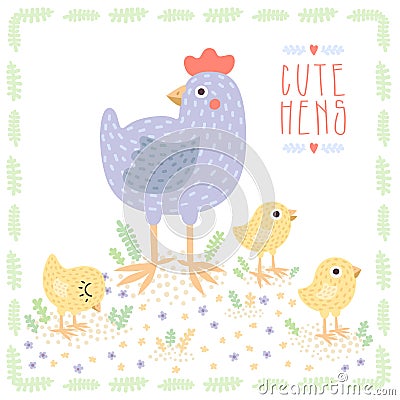 Cute light blue hen with baby chickens vector background Vector Illustration