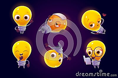 Cute light bulb character in different poses Vector Illustration