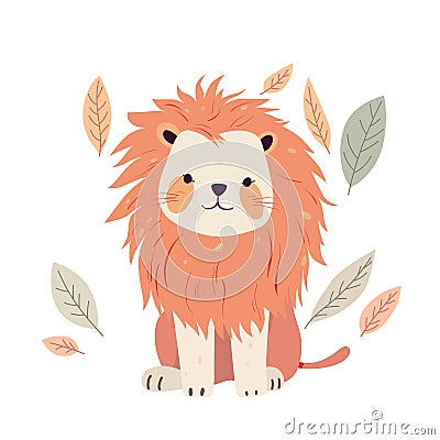 Cute lion among autumn leaves, baby animal with funny face and mane on head, paws Vector Illustration