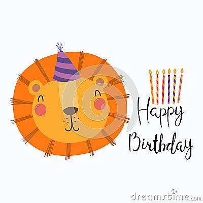Cute lion birthday card Vector Illustration