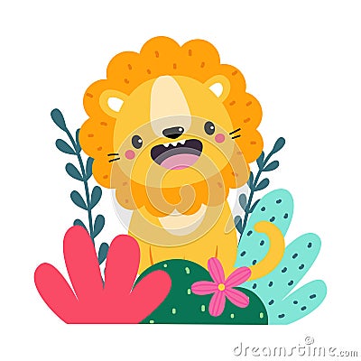 Cute lion in bushes. Adorable African baby animal on nature cartoon vector illustration Vector Illustration