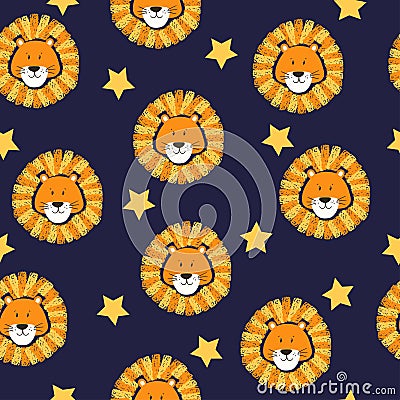 Cute lion head seamless pattern. Vector Illustration