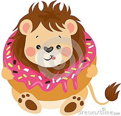 Cute lion inside a delicious donut Vector Illustration