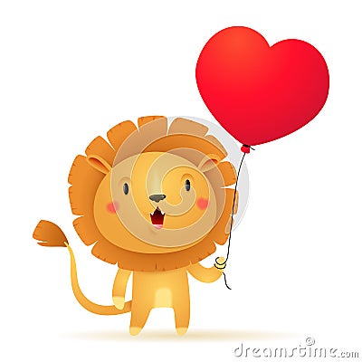 Cute lion in love with a heart balloon Stock Photo