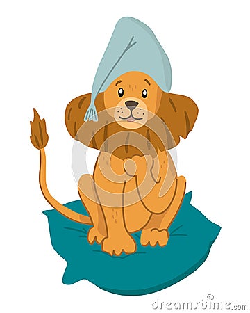 Cute lion in a nightcap with a pillow Vector Illustration