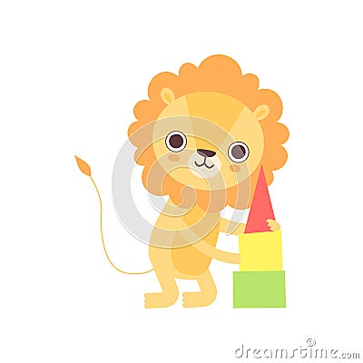 Cute Lion Playing with Toy Pyramid, Funny African Animal Cartoon Character Vector Illustration Vector Illustration