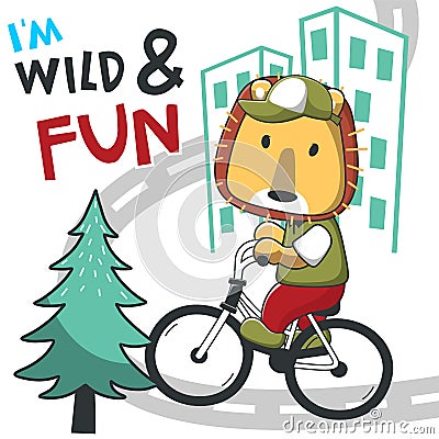 Cute lion riding a bicycle. Trendy children graphic Vector illustration T-Shirt Design for children. Can be used for children wear Vector Illustration