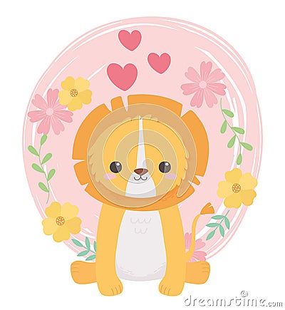 Cute lion sitting with flowers hearts cartoon animals Vector Illustration