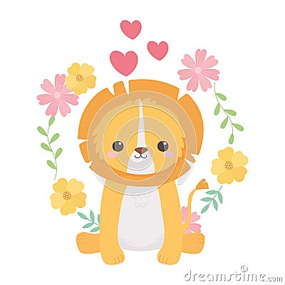 Cute lion sitting with flowers hearts cartoon animals Vector Illustration