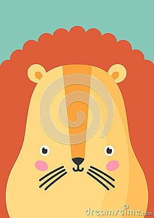 Cute lion snout flat vector illustration. Adorable wildlife animal muzzle cartoon colorful background. Close up lion Vector Illustration