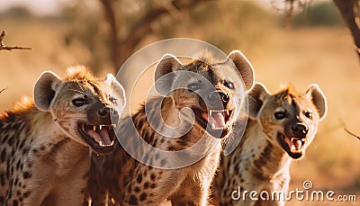 Cute lioness playing with cheetah, smiling in the savannah generated by AI Stock Photo