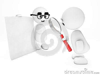 A cute little 3D guy inspects a suspicious sheet Stock Photo