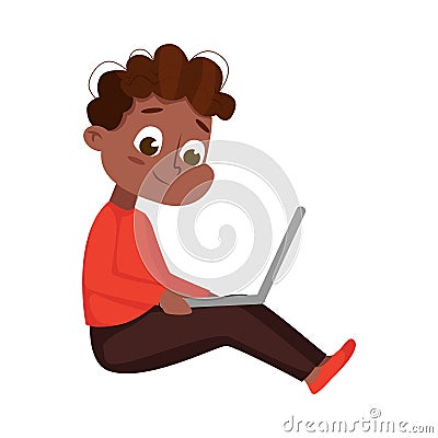 Cute Little African American Boy Using Laptop Computer, Online Education or Courses, Kid Programmer Character Cartoon Vector Illustration