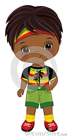 Cute Little Reggae African American Boy Wearing Rastafarian Outfit. Vector Cute Reggae Black Boy Vector Illustration