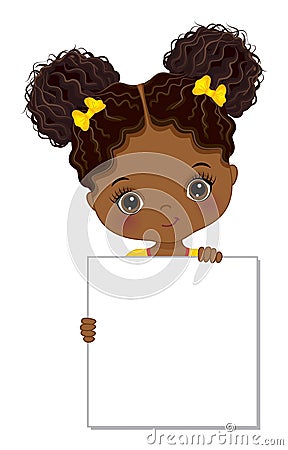 Cute Little African American Girl Holding Blank Frame to Customise your Text Vector Illustration
