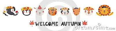 Cute little animals faces in autumn leaves crowns Vector Illustration