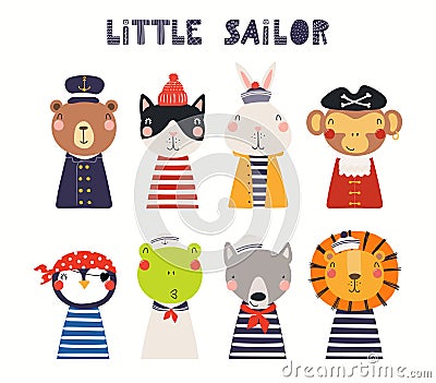 Cute little animals in sailor, pirate costumes set Vector Illustration